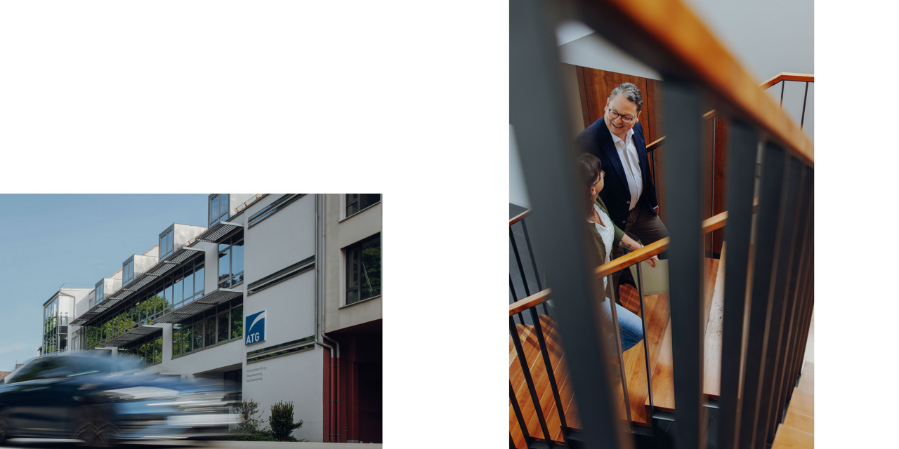 Impressionen Gebäudeaufnahme von der ATG und Zwei Personen unterhalten sich im Eingangsbereich der ATG