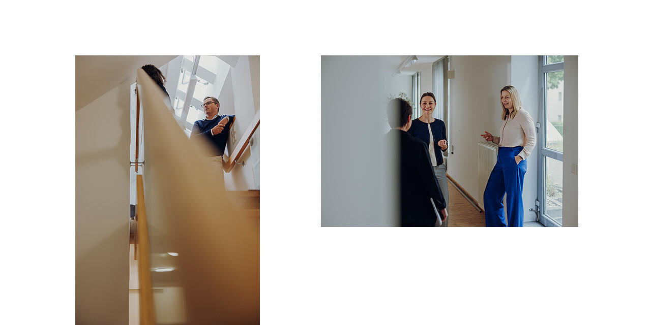 Zwei Bilder: links steht ein Mann an einer Treppe, rechts unterhalten sich drei Frauen im Flur