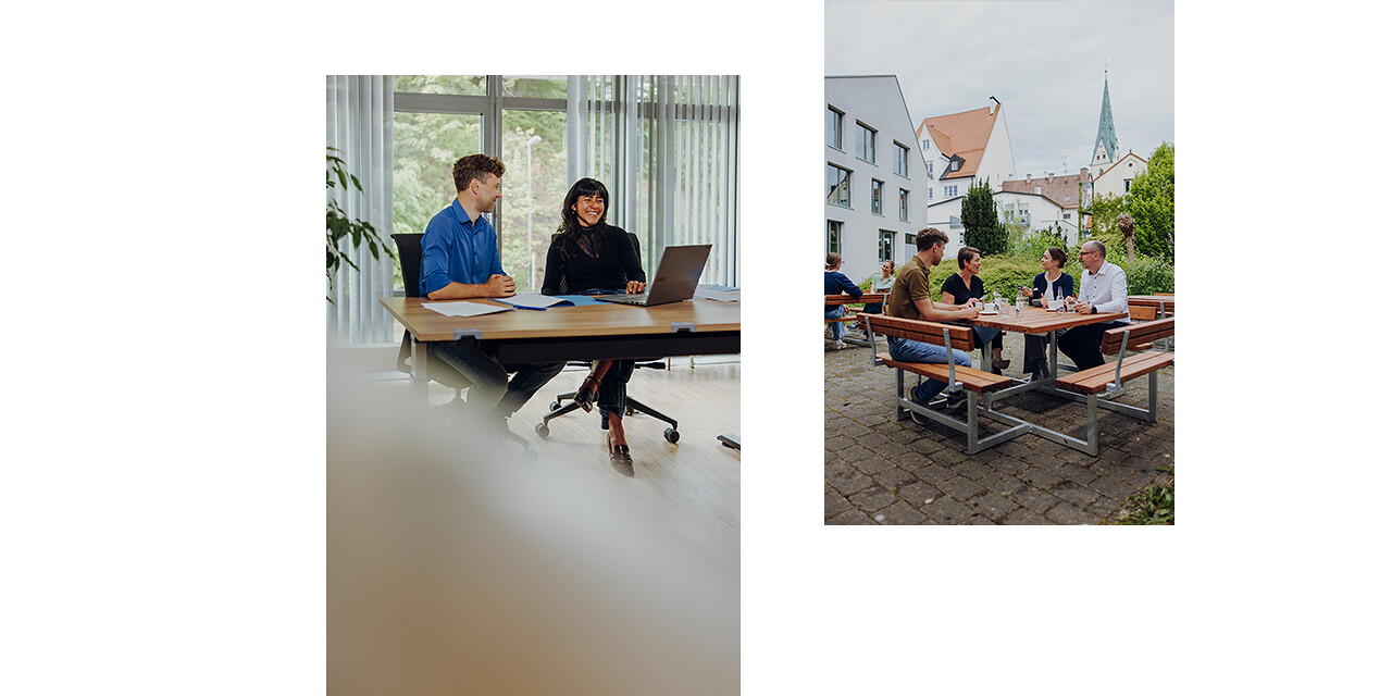 Zwei Bilder: links unterhalten sich eine Frau und ein Mann am Schreibtisch, darauf steht ein Laptop. Rechts sitzen vier Personen im Außenbereich im Grünen und essen
