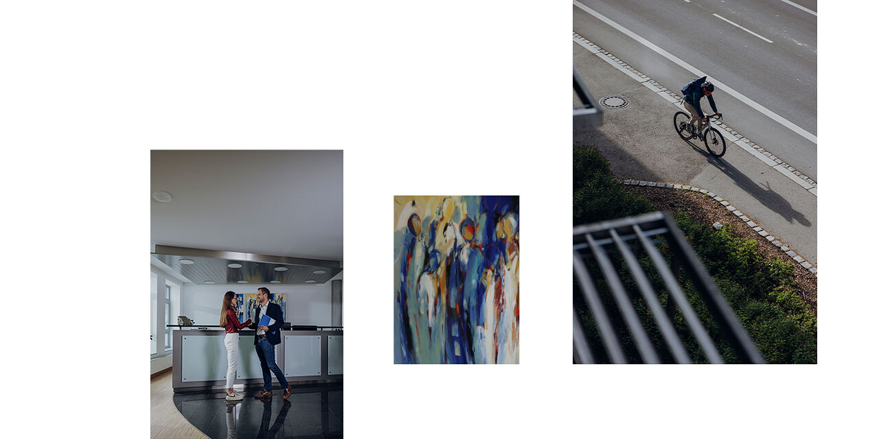 Drei Bilder: links begrüßen sich eine Frau und ein Mann am Empfang, Mitte: Gemälde, rechts: Radler vor dem Gebäude